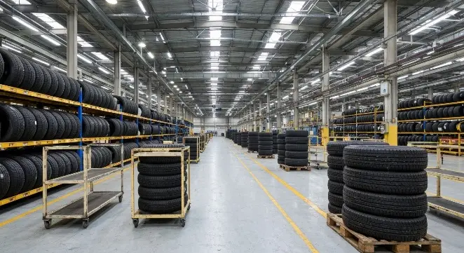 Pasillo del centro logístico de Alfa Neumáticos en Quilicura con racks de neumáticos